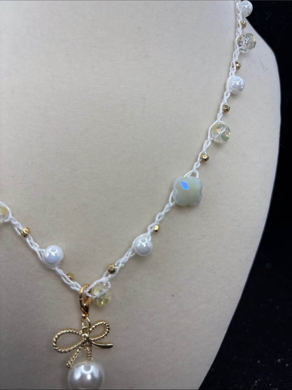 Gold Bow Pearl Pendant Necklace - White Beaded Women's Jewelry - Picture 4 of 6